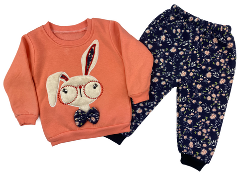 Pullover & Hose Set mit Hasen Motiv gestickt für Kinder Mädchen - 100% Baumwolle