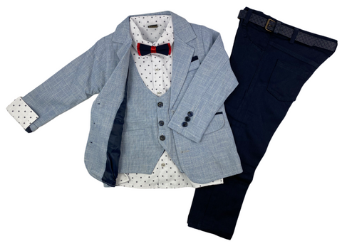 Sakko, Hose, Hemd, Weste & Fliege festliche Mode Anzug in hellblau/dunkelblau für Kinder Jungen  inkl. Gürtel