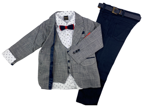 Sakko, Hose, Hemd, Weste & Fliege festliche Mode in grau/blau für Kinder Jungen