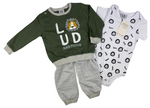 Pullover, Hose & Body Set in grau/kaki mit Löwen Motiv für Babys & Kinder