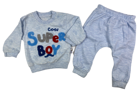 Pullover & Hose im Set in hellblau mit "Super Boy" Motiv für Babys