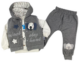 Weste Jacke mit Kapuze, Sweatshirt & Hose Set - mit Elefant Motiv in grau für Babys