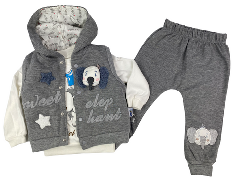 Weste Jacke mit Kapuze, Sweatshirt & Hose Set - mit Elefant Motiv in grau für Babys