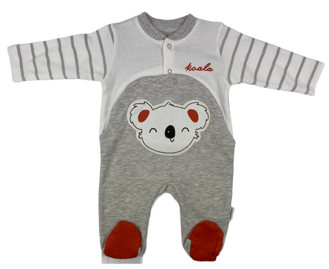 Strampler Overall Babys im Koala Design in grau/weiß/rot und Druckknöpfen