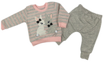 Pullover & Hose Set in rosa/grau mit "2 Hasen" Motiv für Babys Mädchen