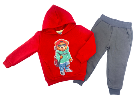 Hoodie Pullover mit Kapuze & Hose Set in rot/grau mit "Cool Bär" Motiv für Kinder