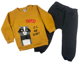 Pullover & Hose Set in gelb/dunkelgrau mit Katzen Motiv für Babys