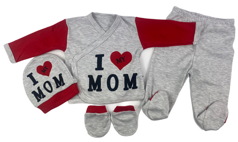 Sweatshirt, Hose & Handschuhe + Mütze im Set in grau/rot langarm für Babys Motiv "I love MOM"