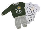 Pullover, Hose & Body Set in grau/kaki mit Löwen Motiv für Babys & Kinder